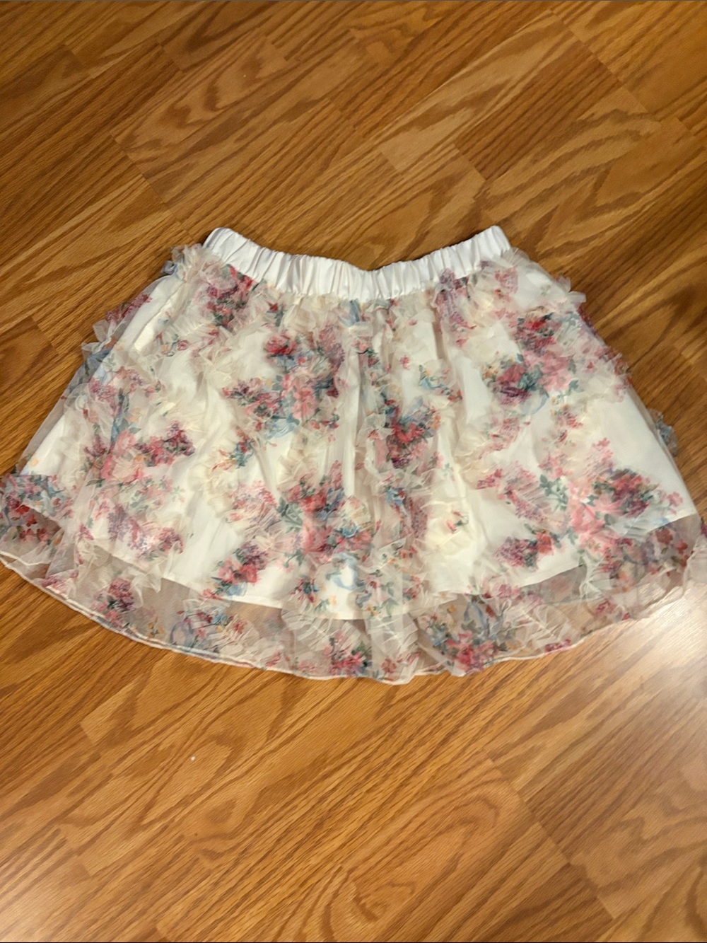 Floral Ruffle Tiered Mini Skirt - White with Pink Print